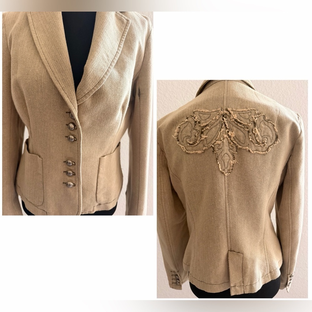 Tintoretto Tan Embroidered Blazer | Elegant Buttoned Jacket  Classic Tailored